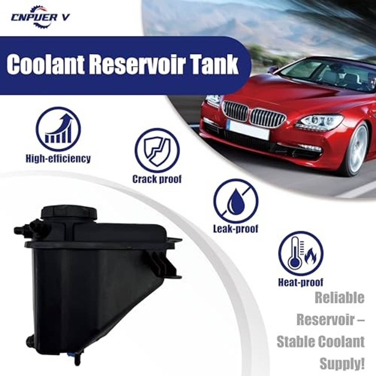 Black coolant reservoir tank with leak-proof and heat-proof style icons