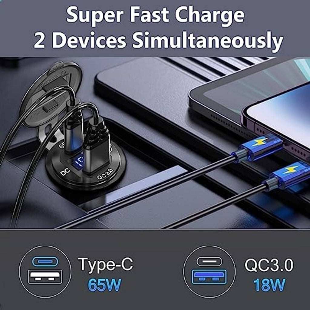 Black dual-port car USB charger base showing Type-C 65W and QC3.0 18W labels