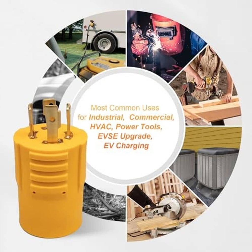 Yellow 4-prong generator adapter plug with round outlet and metal prongs