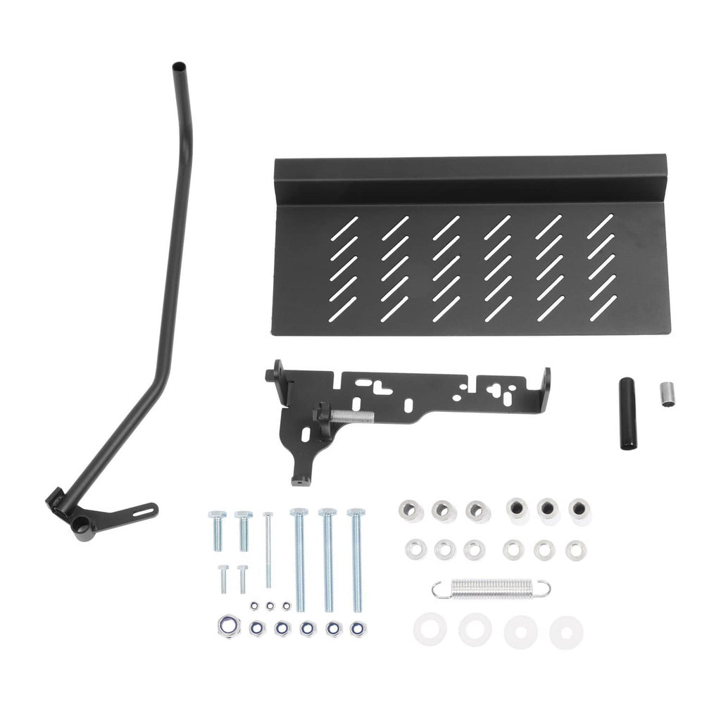 Chute blocker kit components: shield panel, bracket, handle rod, and bolts