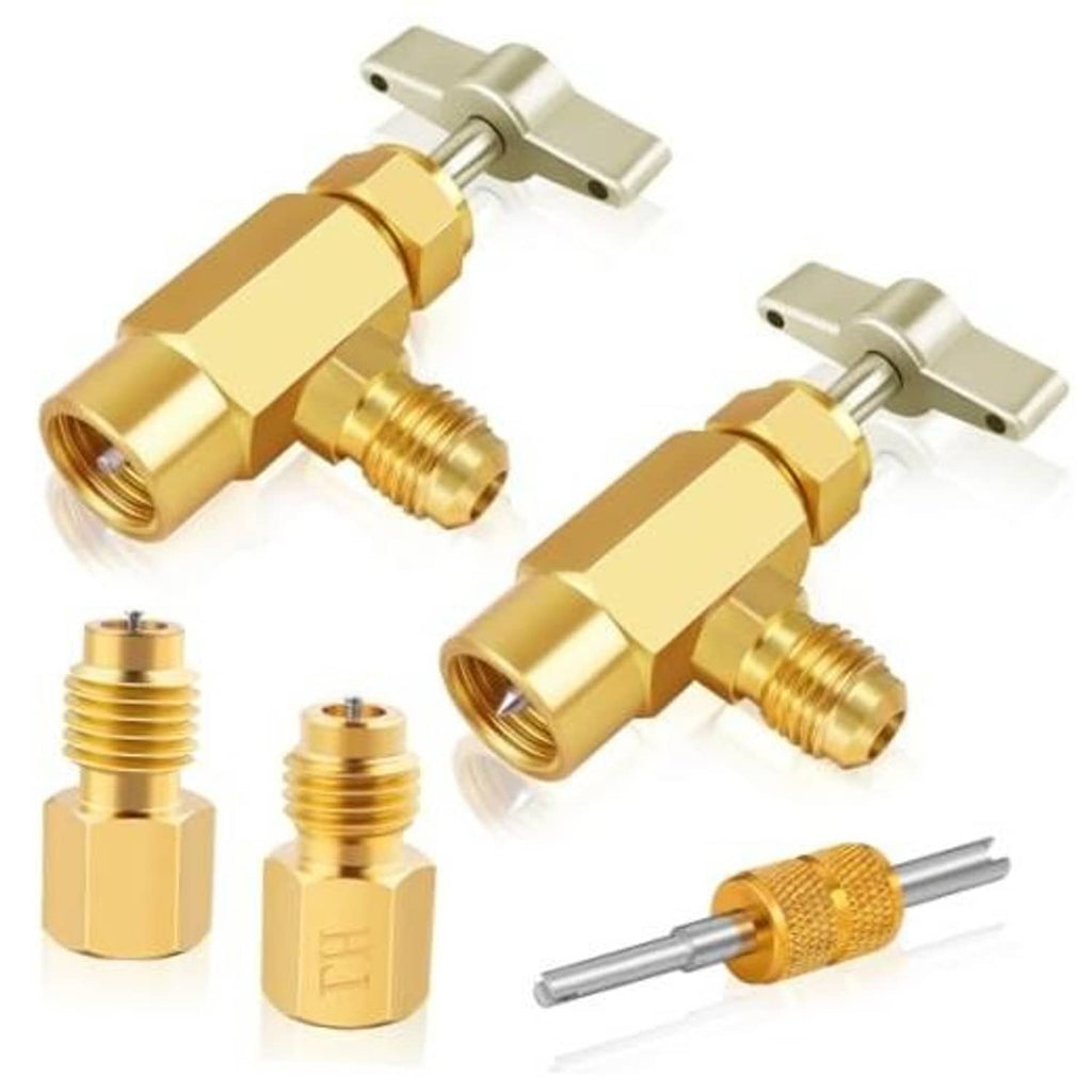 Brass self-sealing puncture can tap kit with valve, clamp, and threaded adapters