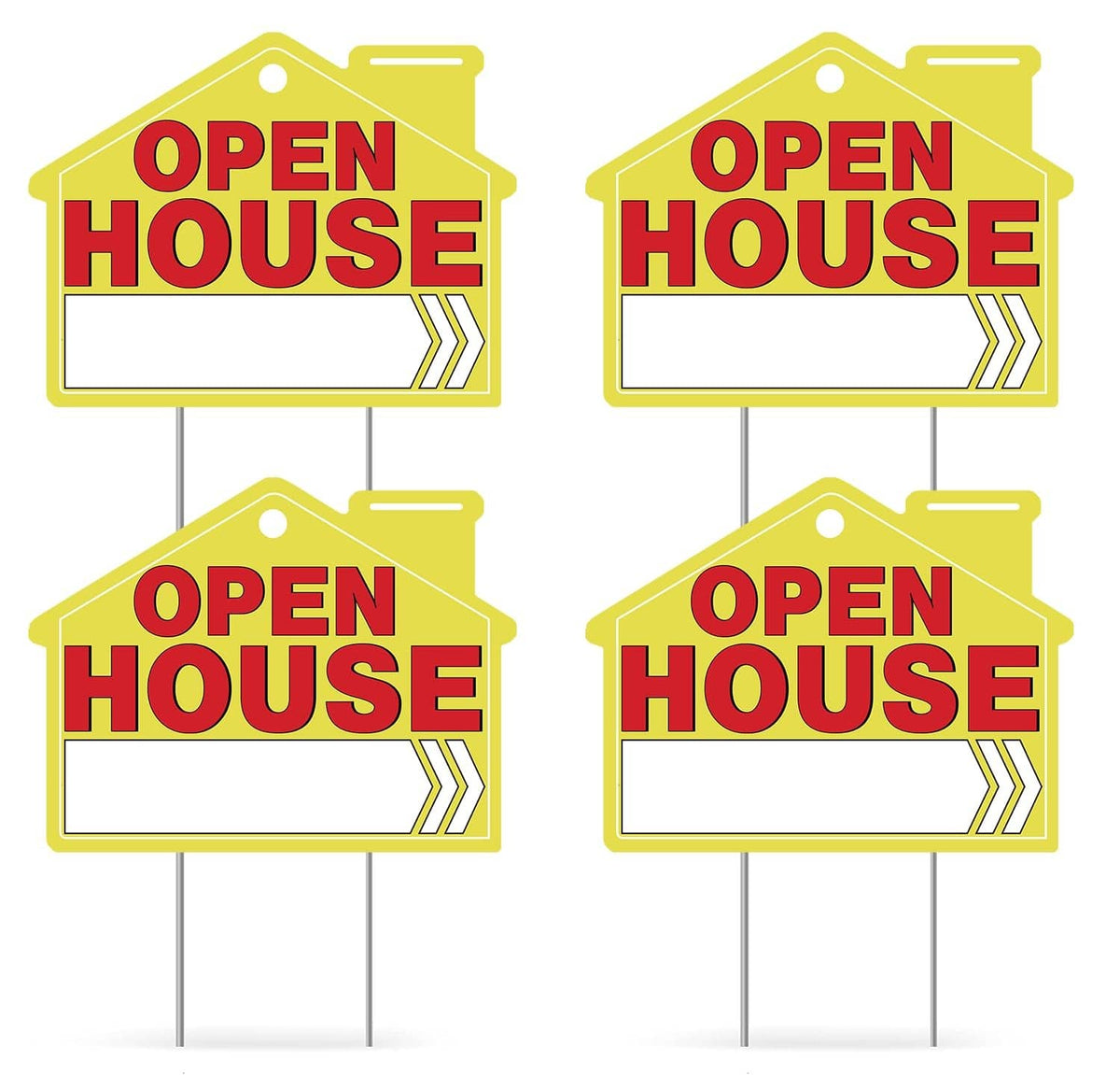 Red and yellow open house yard signs, set of 4, with white blank panels
