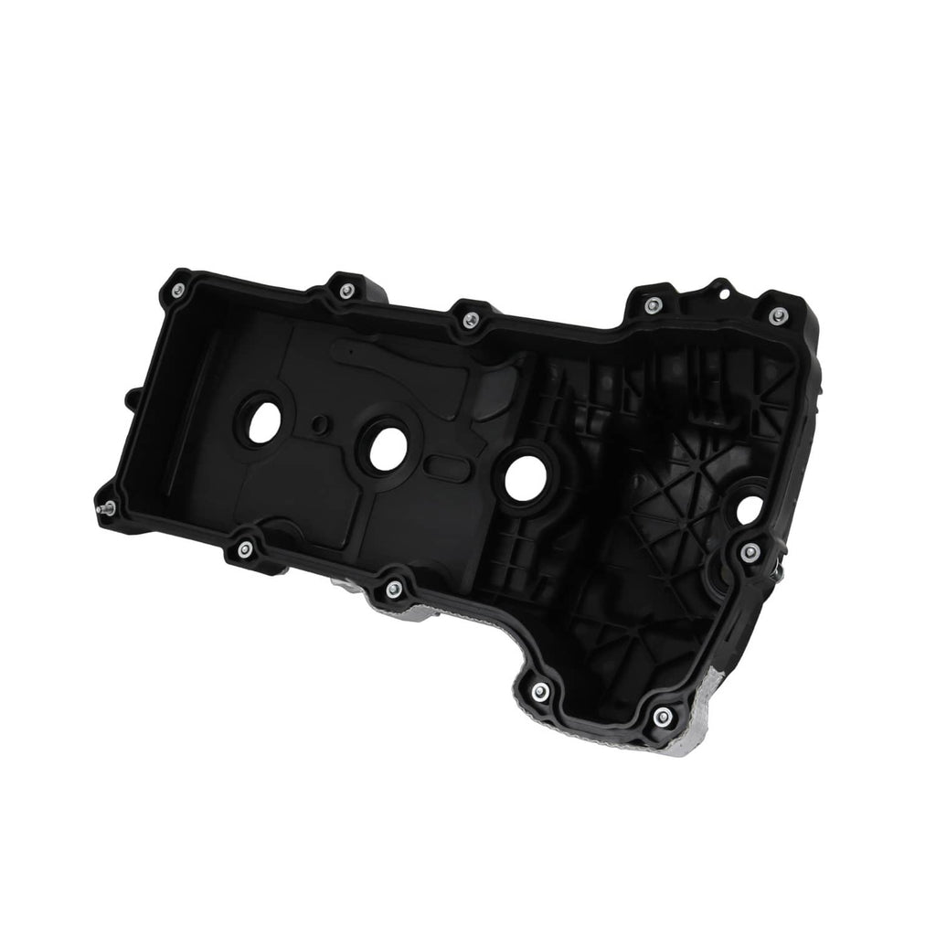 Black engine valve cover with molded channels and round ports, left/right pair component