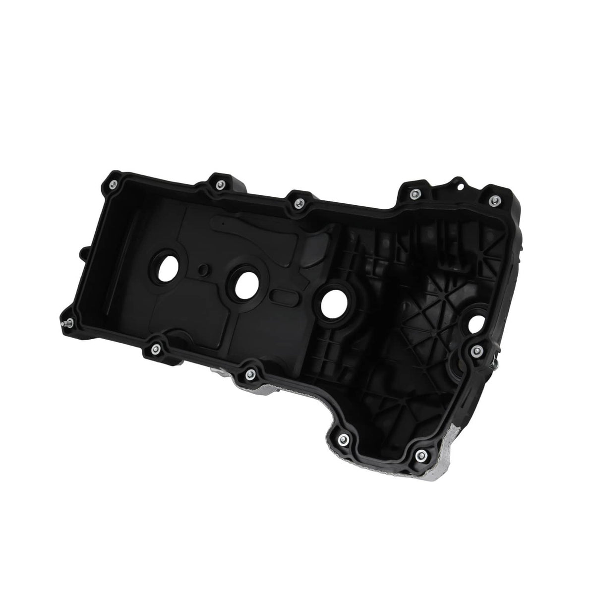 Black engine valve cover with molded channels and round ports, left/right pair component