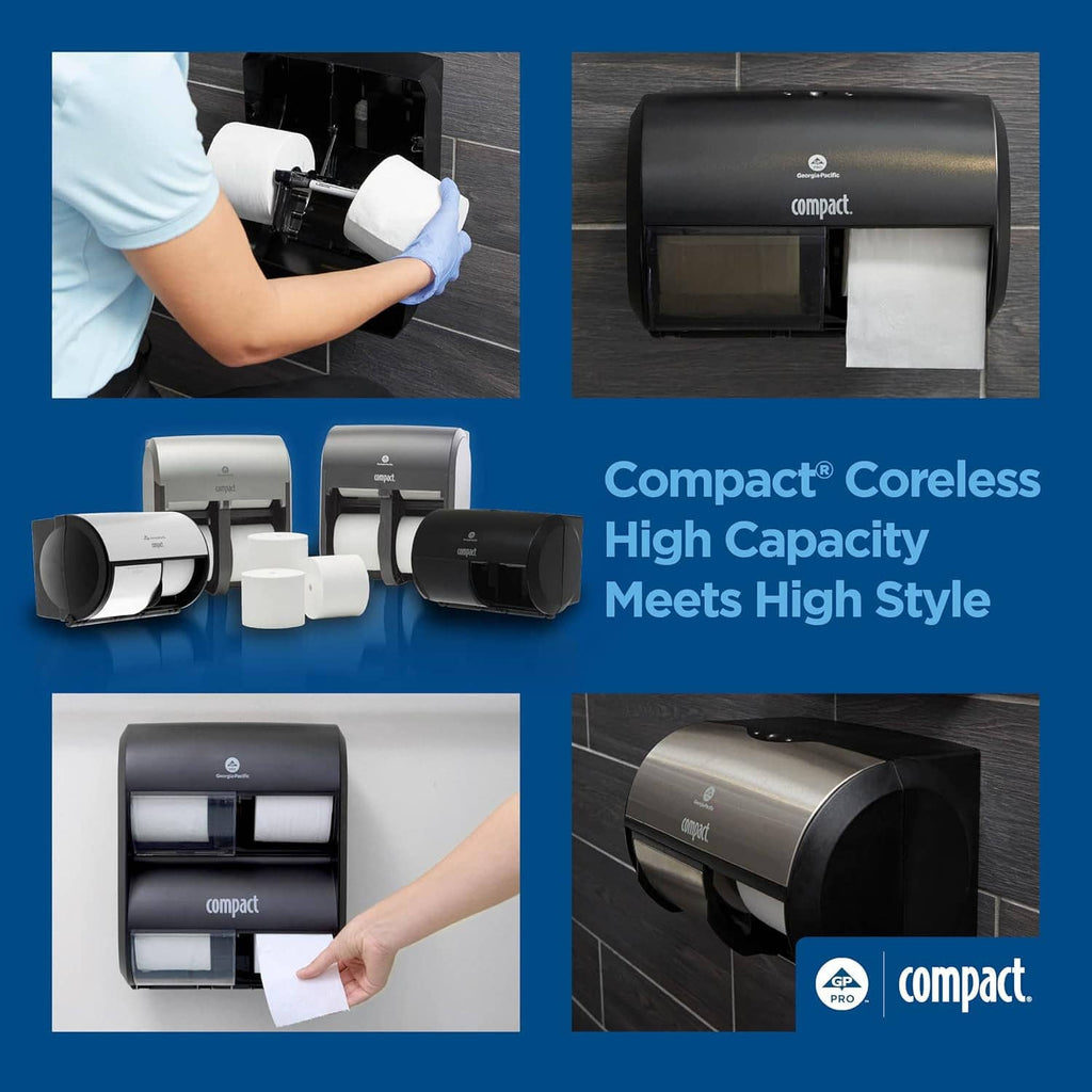 Coreless high-capacity toilet paper rolls in black compact dispenser, white paper visible.