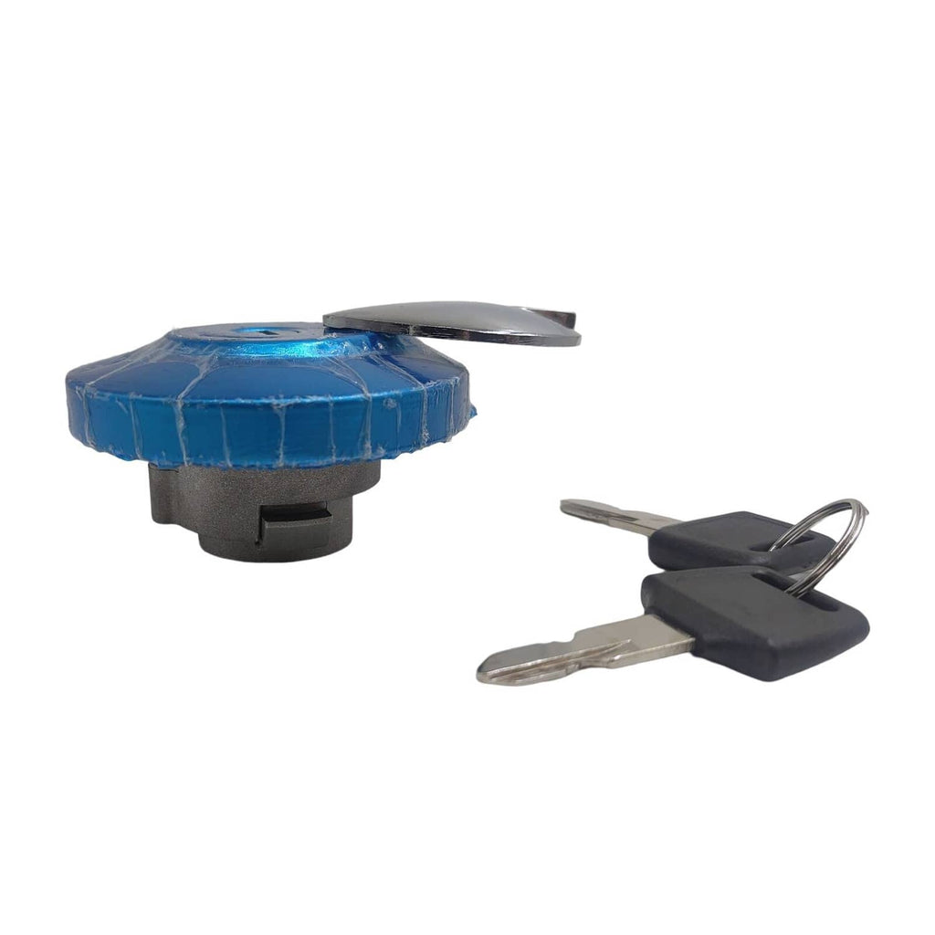 Fuel tank cap with blue cap top, black housing, and two keys