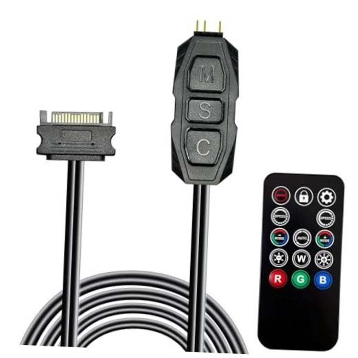 ARGB fan controller splitter with two black cables, SATA connector, and black remote