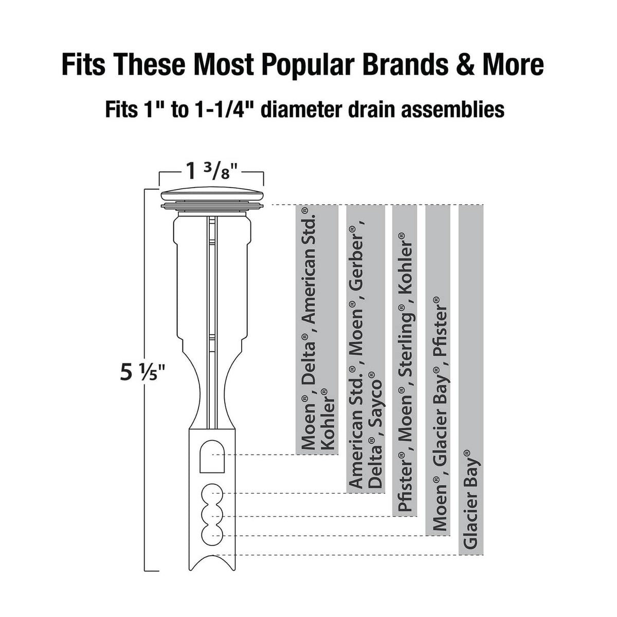 Bathroom sink pop-up stopper fit diagram for 1" to 1-1/4" drain assemblies