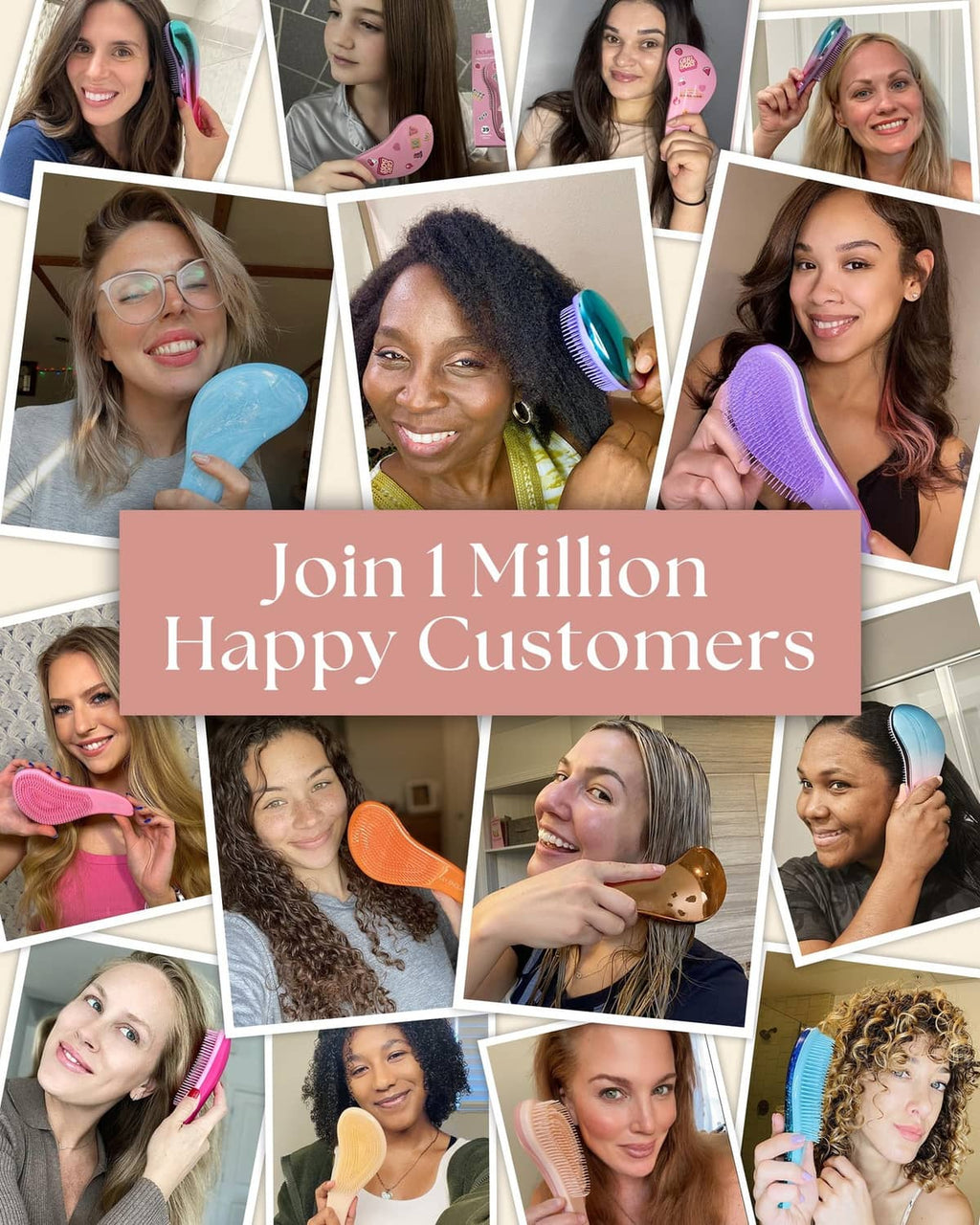 Hair detangler brush shown in multiple colors by different people.
