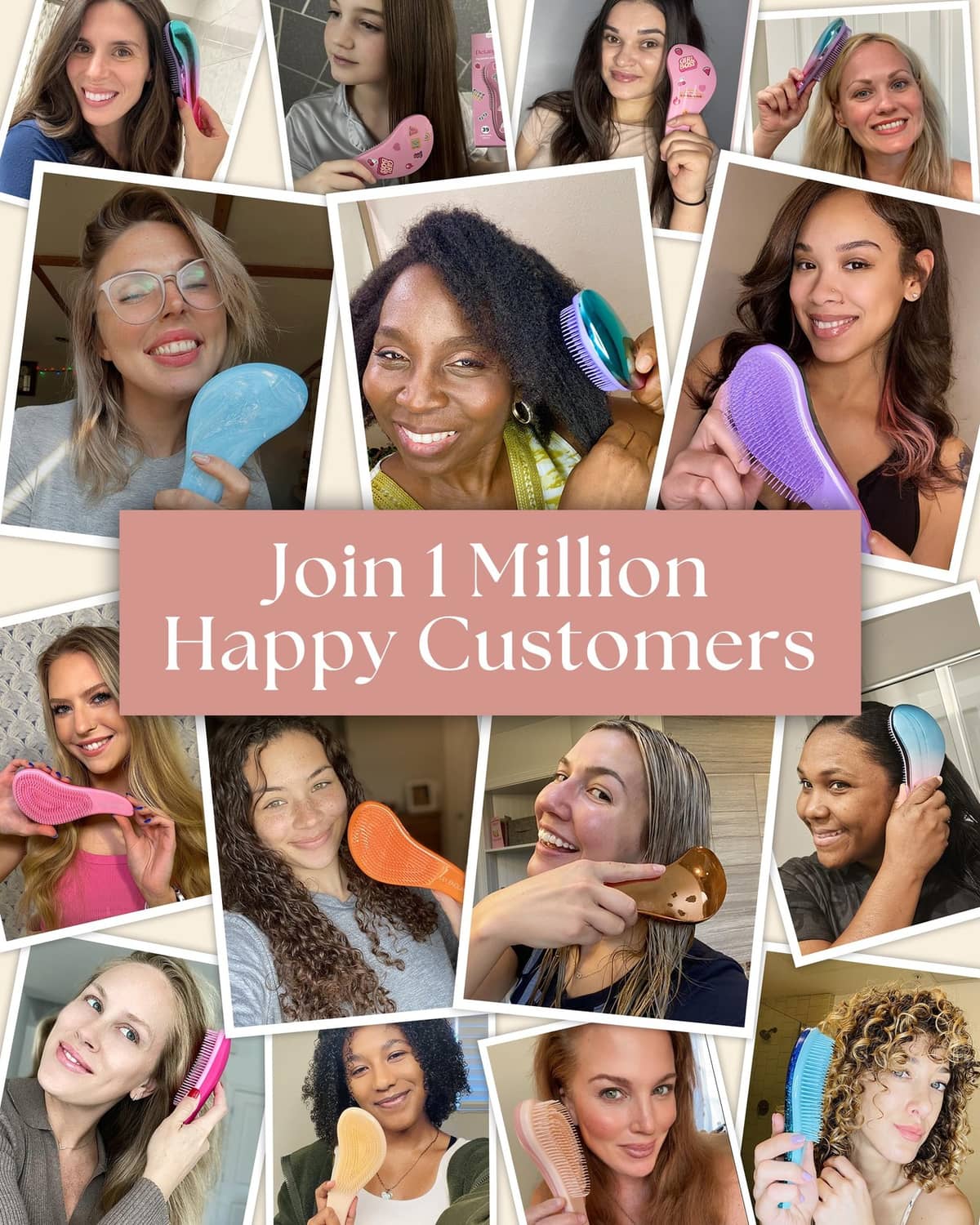 Hair detangler brush shown in multiple colors by different people.