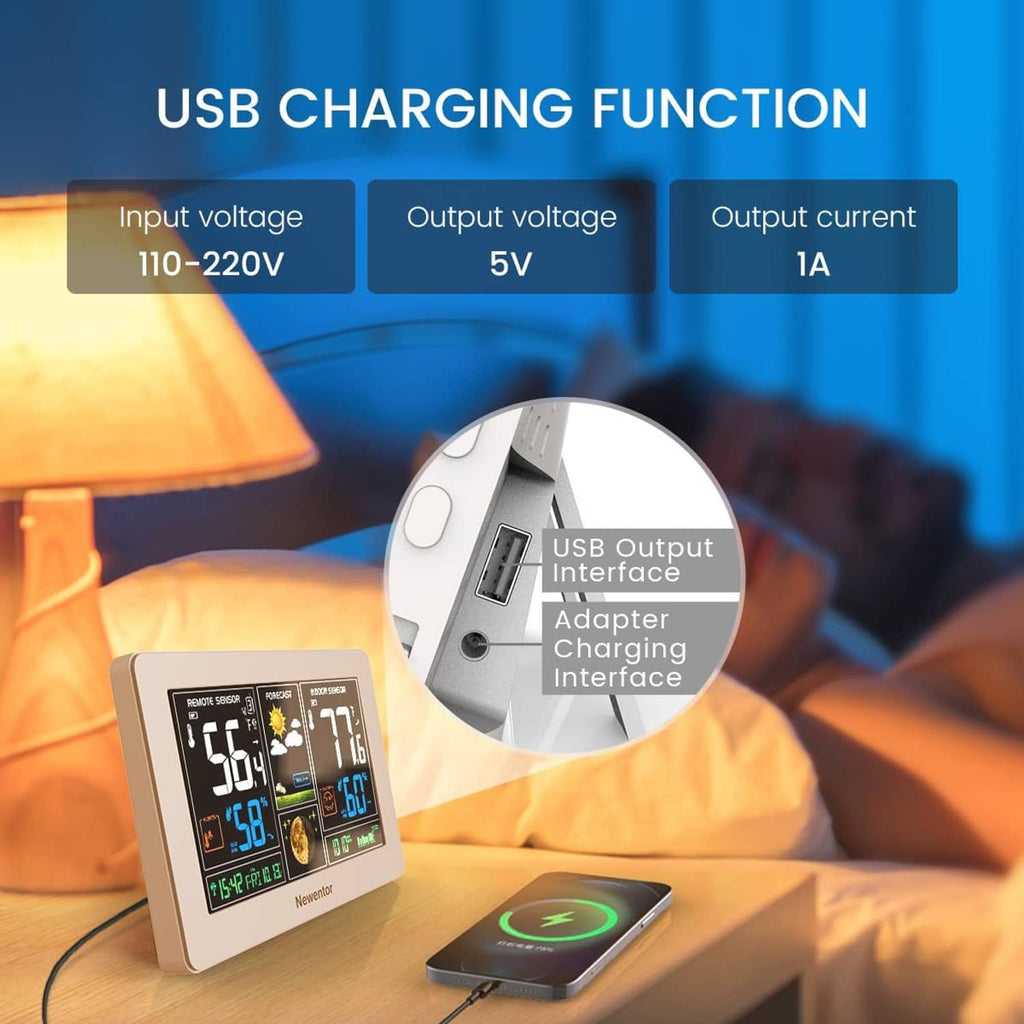 White weather station with USB output charging interface and LCD temperature display