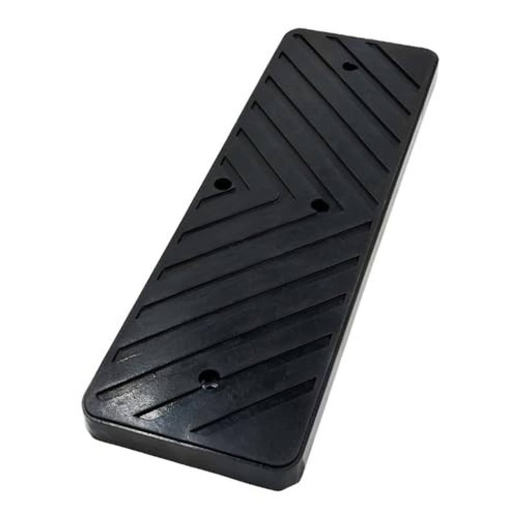 Black rubber tire changer pad with angled tread ridges and mounting holes
