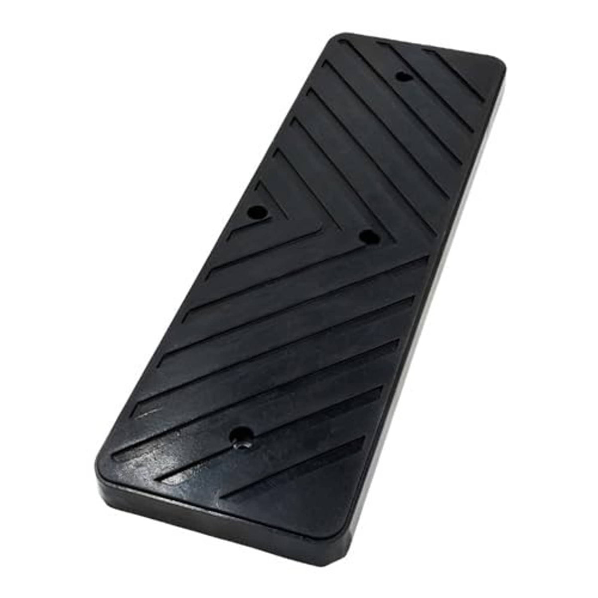 Black rubber tire changer pad with angled tread ridges and mounting holes