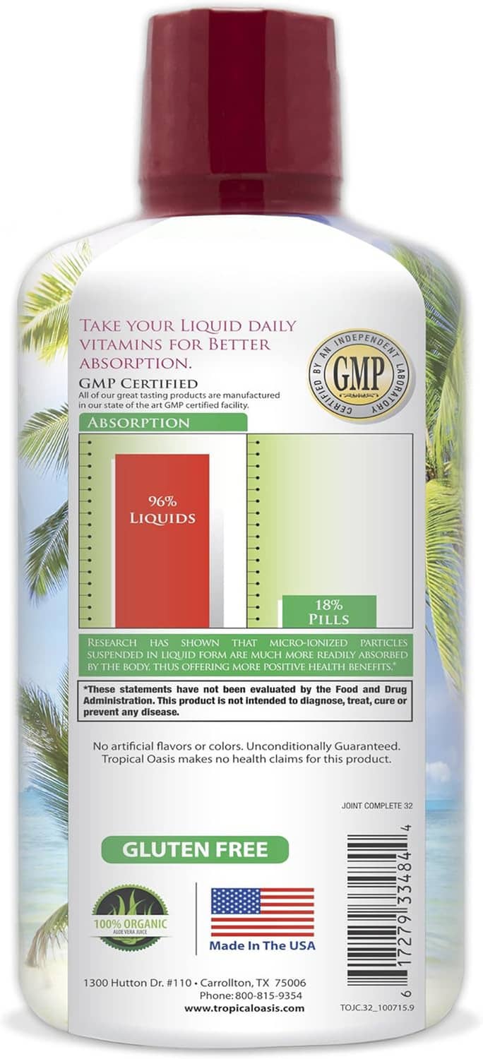 Back of Tropical Oasis liquid joint supplement bottle with Gluten Free seal