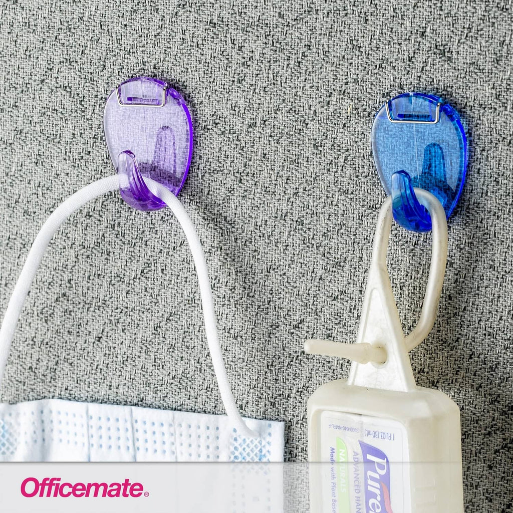 Two translucent office hooks in purple and blue with hanging cords.