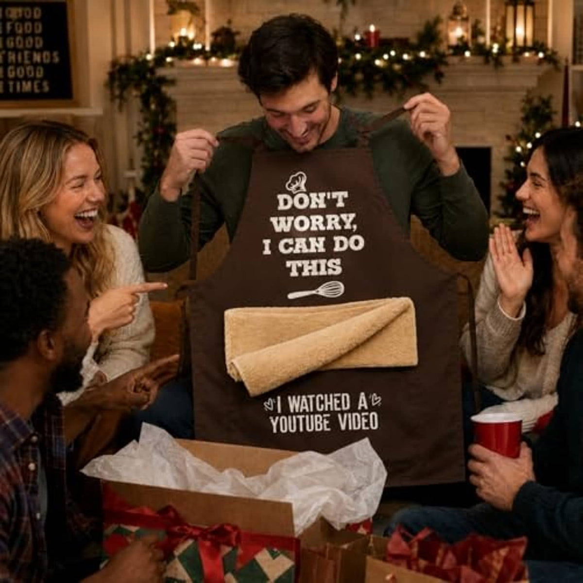 Festive gathering with man holding dark brown apron; slogan and towel pocket