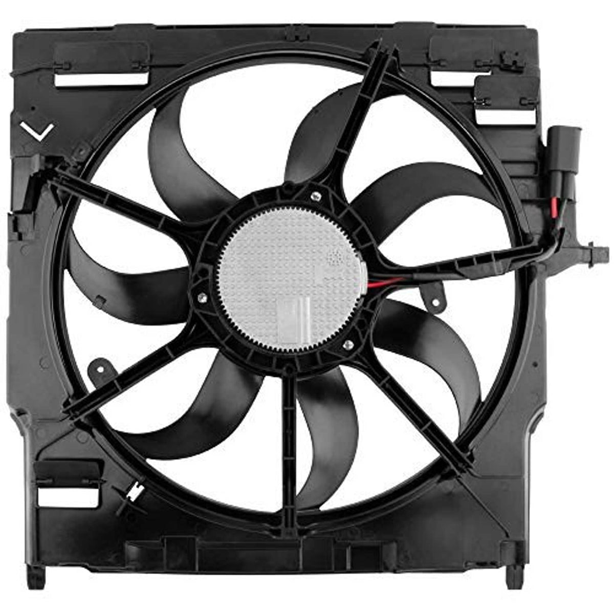 Engine cooling fan assembly with black fan blades and circular fan motor housing