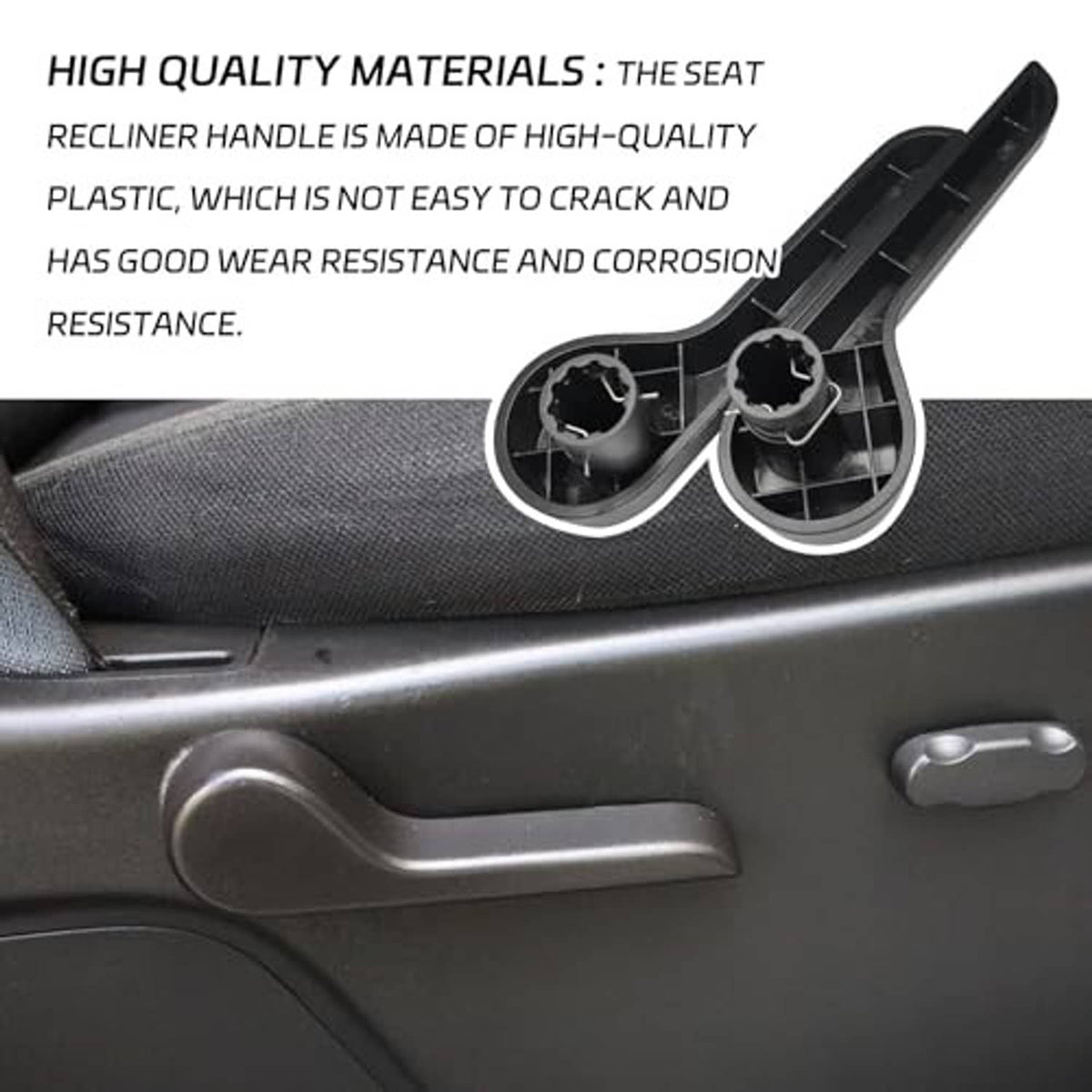 Black seat recliner handle lever with silver release bar on door panel