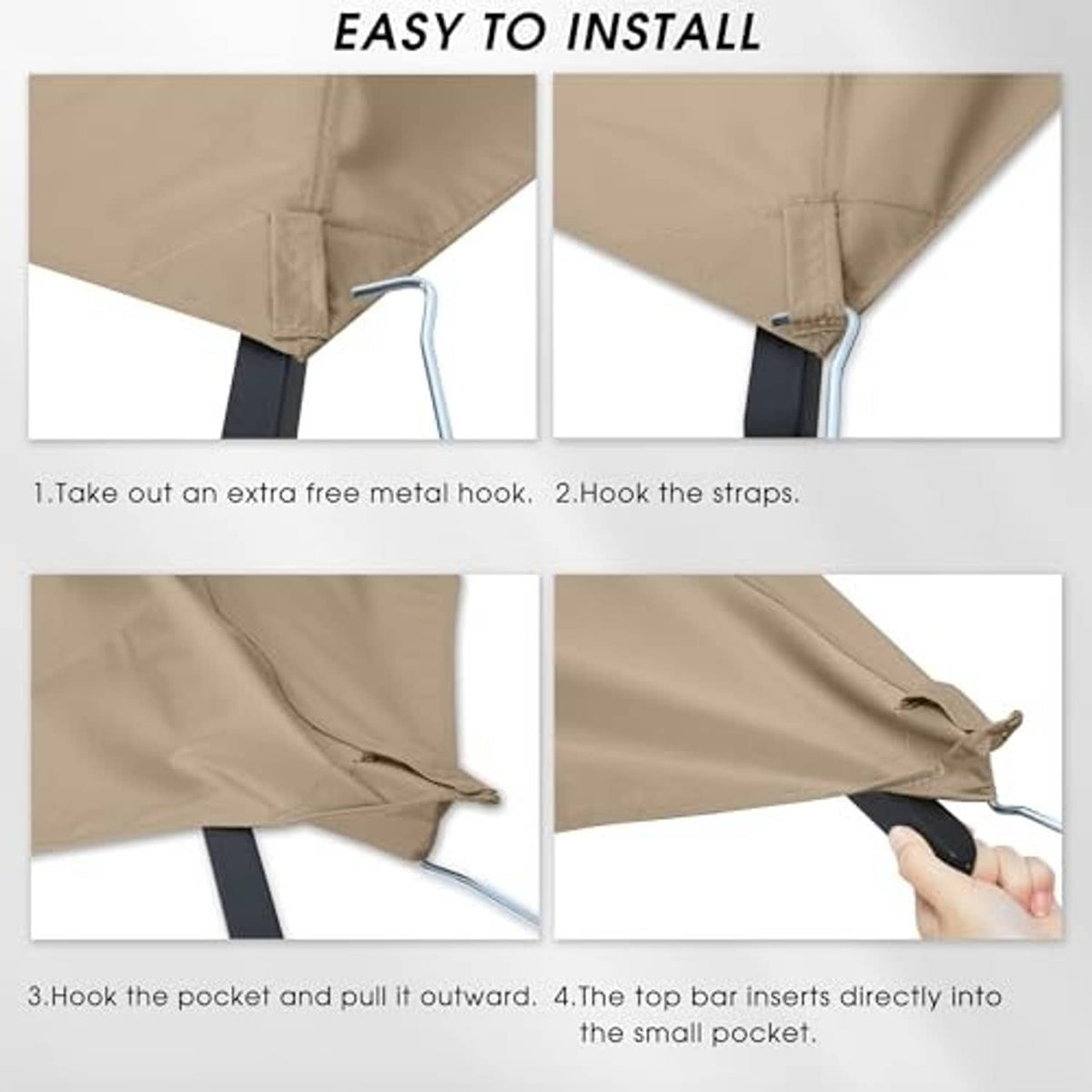 Beige canopy top with strap and pocket hook points for easy installation