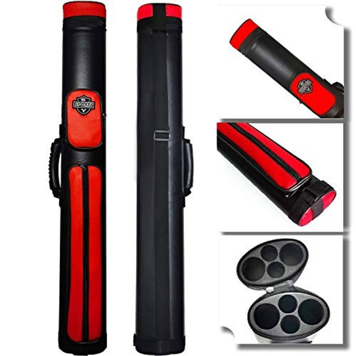 Black hard pool cue case with red end panels and protective inner divider