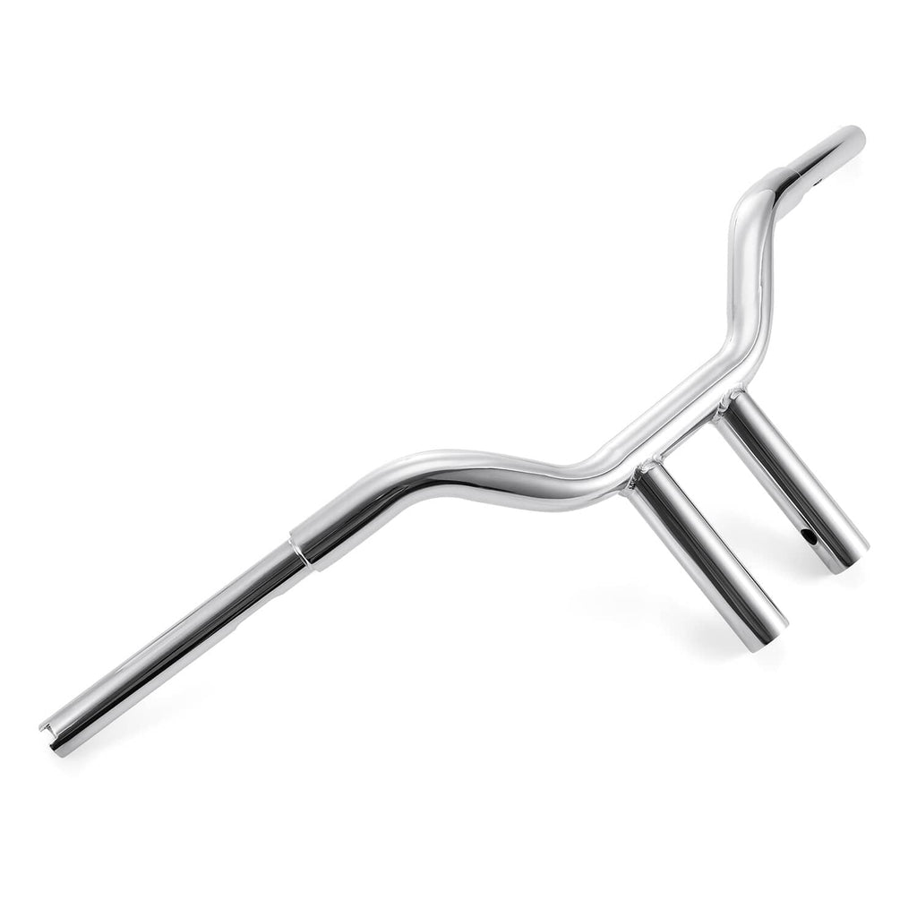 Chrome 10-inch T-bar handlebar, angled forward sweep with mounting clamps