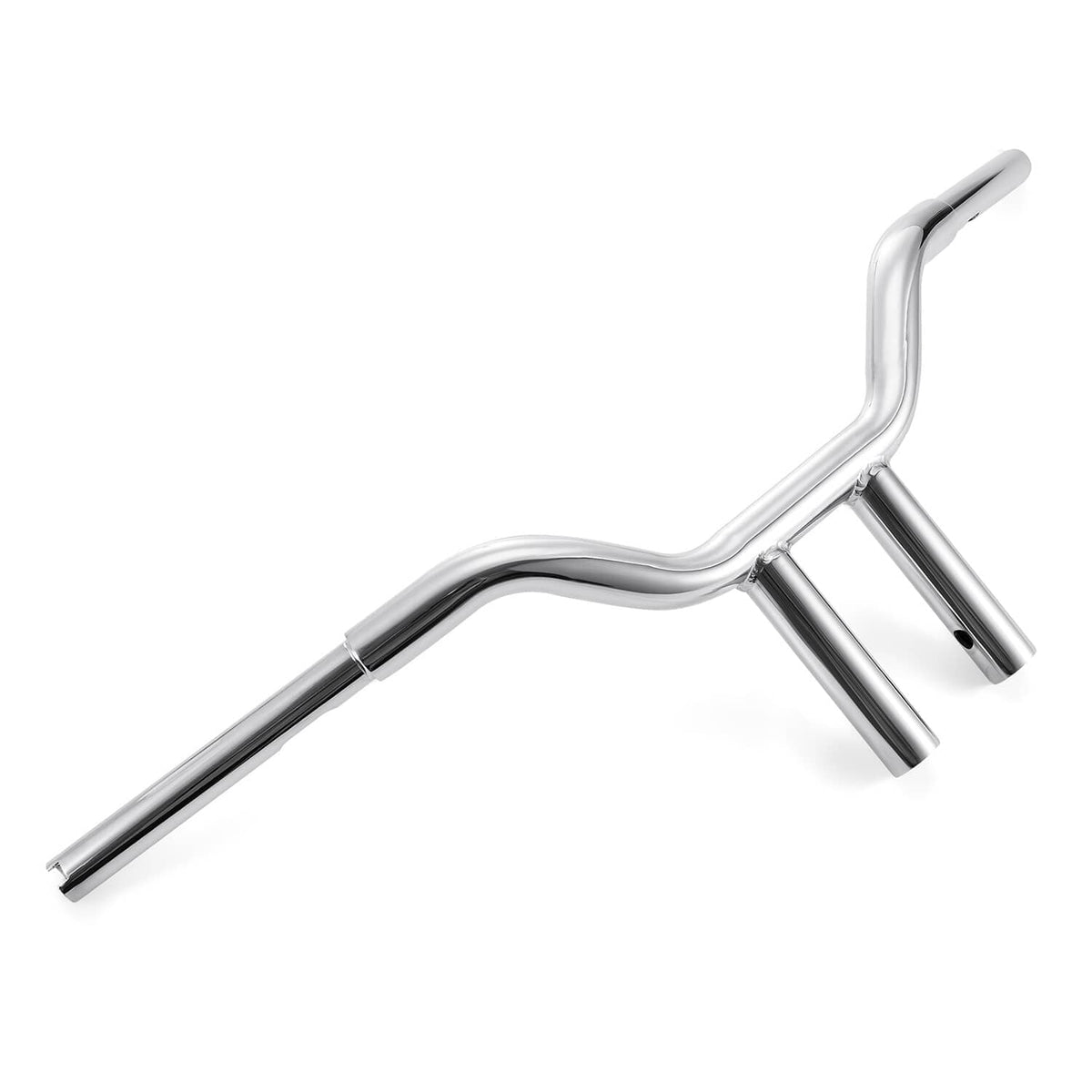 Chrome 10-inch T-bar handlebar, angled forward sweep with mounting clamps