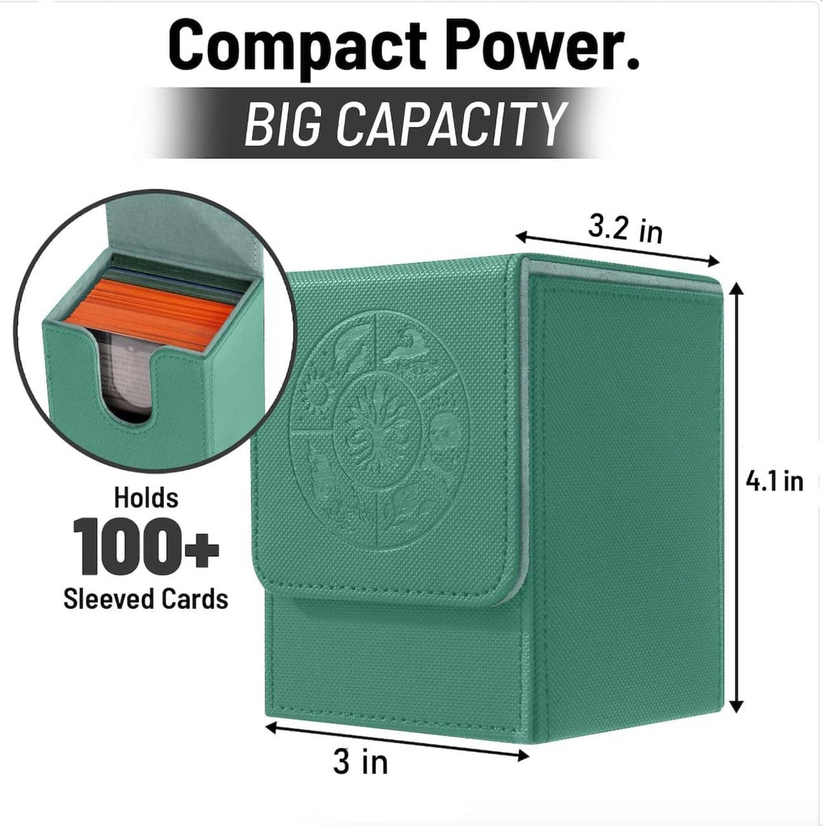 Teal green deck box shown open, with front flap and interior divider for sleeved cards