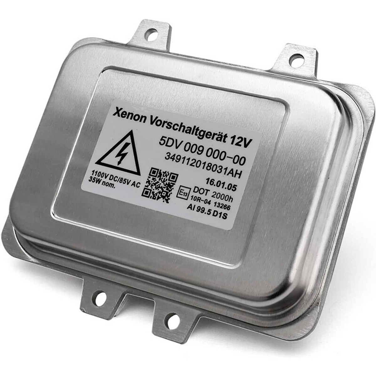 Xenon headlight ballast control unit close-up, front label on silver metal housing