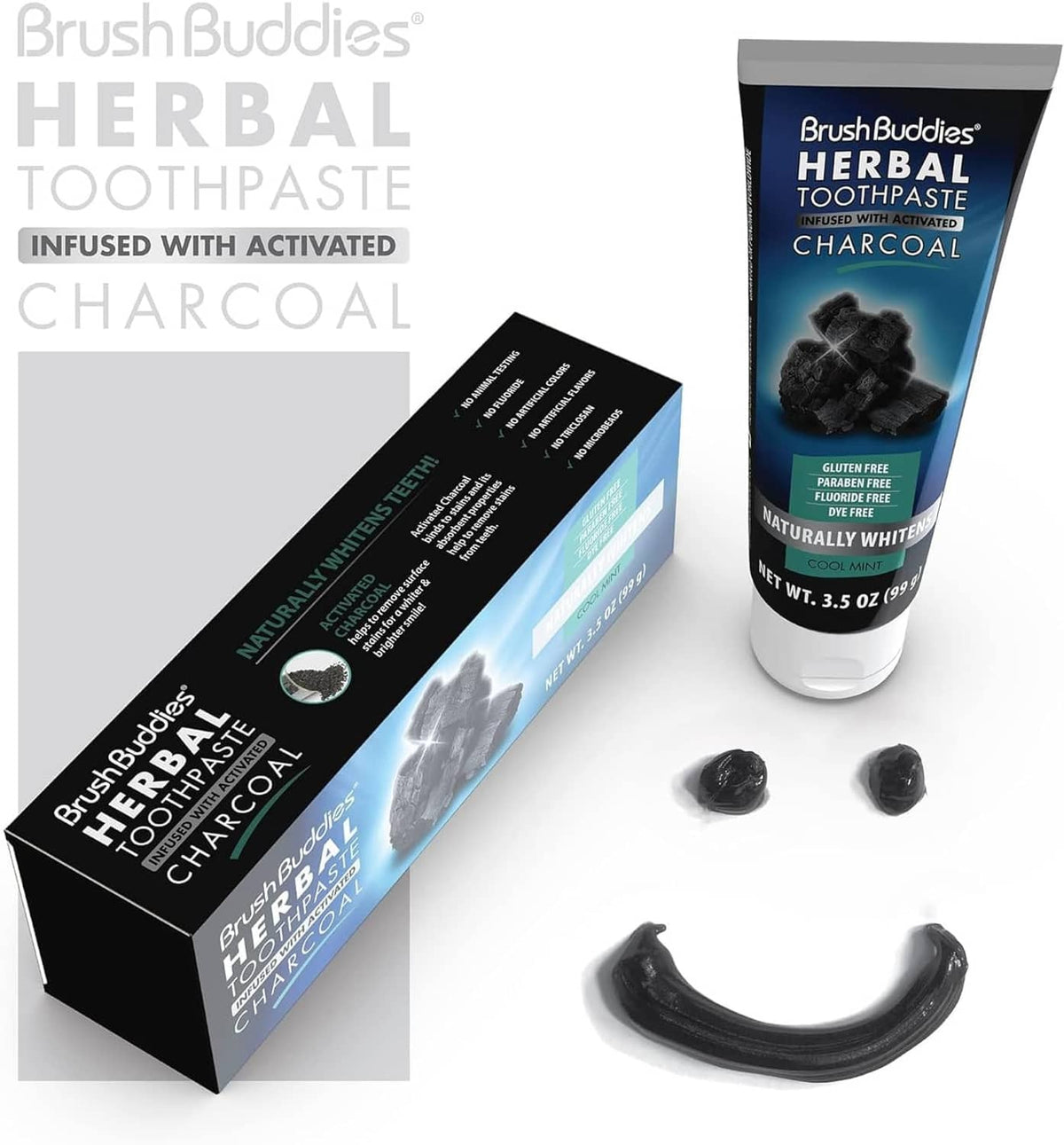 Herbal charcoal toothpaste tube and box with activated charcoal and charcoal pieces