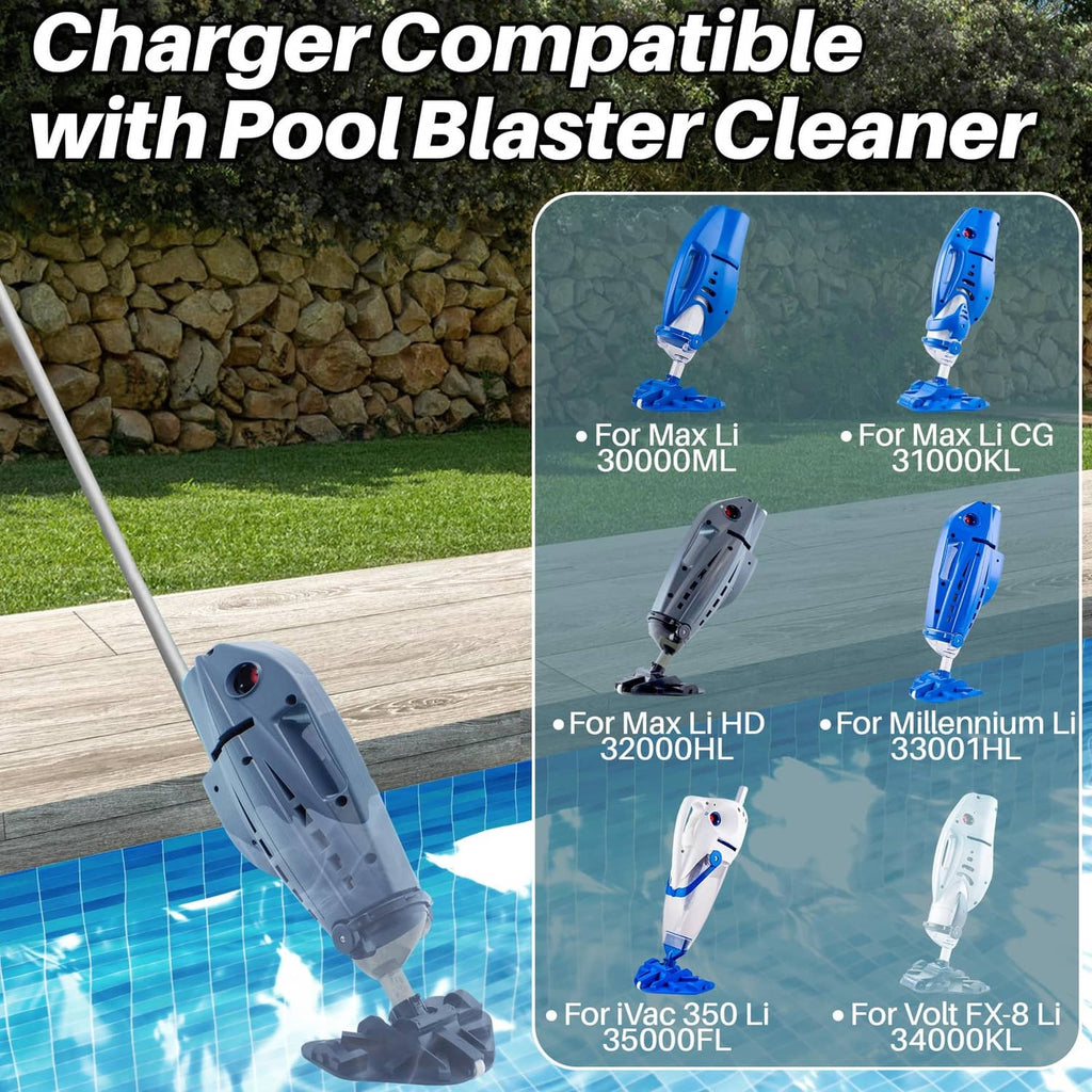 Compact pool vacuum charging base with blue connector docks and charging cables