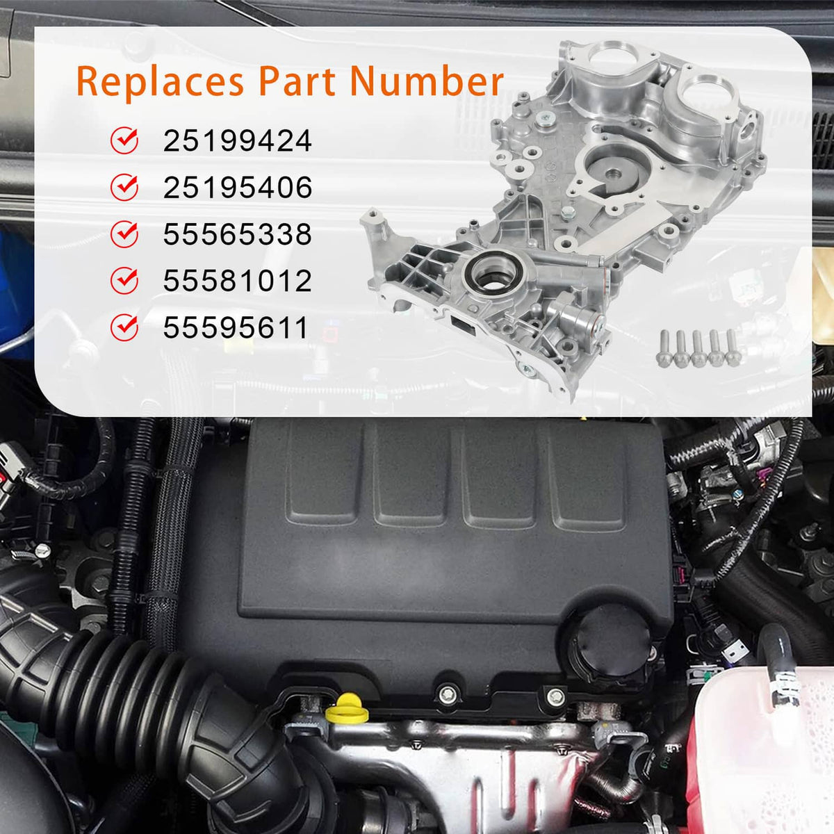 Timing cover assembly with replacement part numbers list overlay