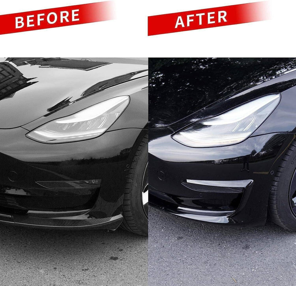 Gloss black fog light eyebrow cover trim shown before and after on front bumper