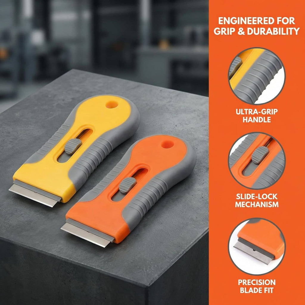 Two retractable razor blade scrapers with non-slip grip handles, yellow and orange