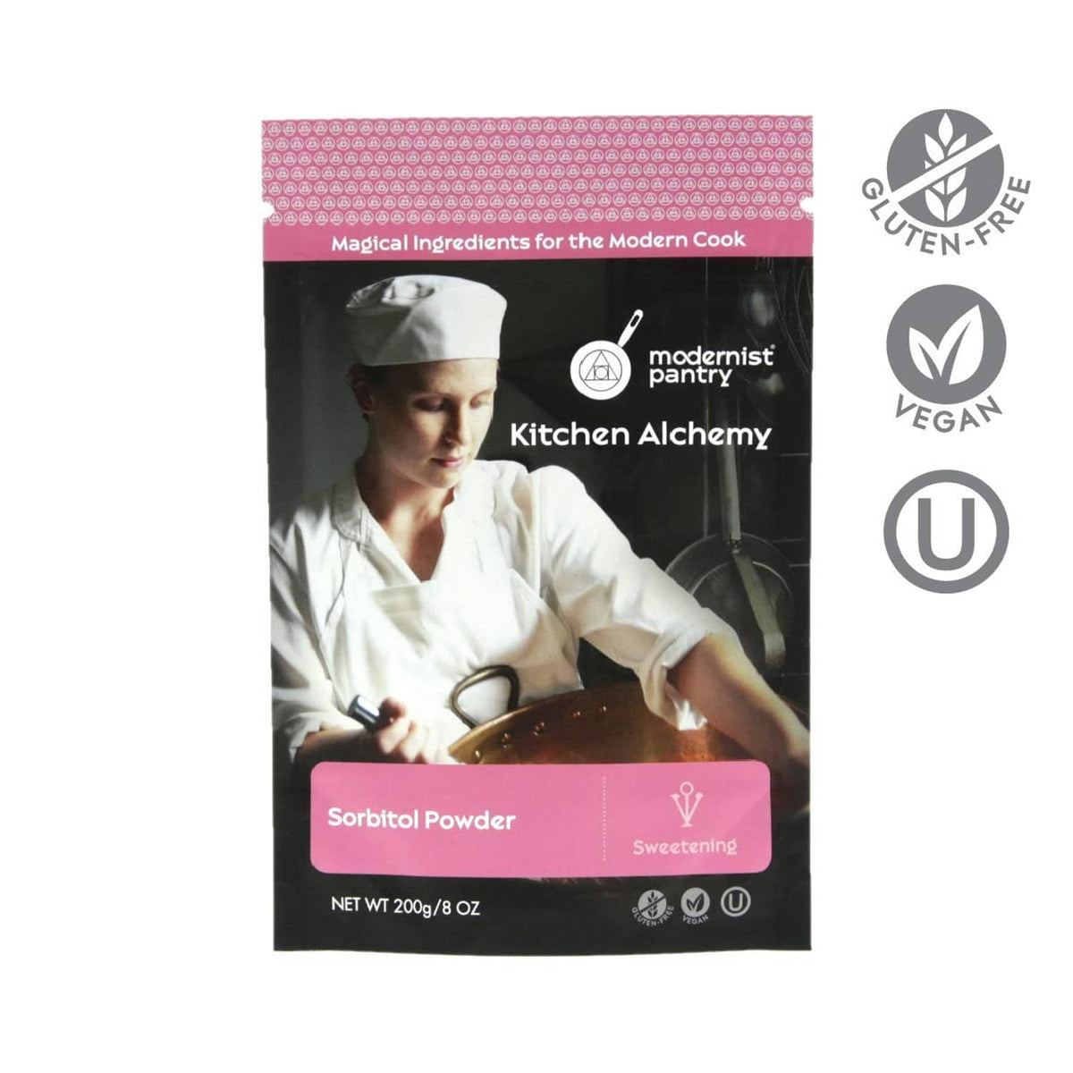 Sorbitol powder pouch with gluten-free, vegan, and kosher certification badges.