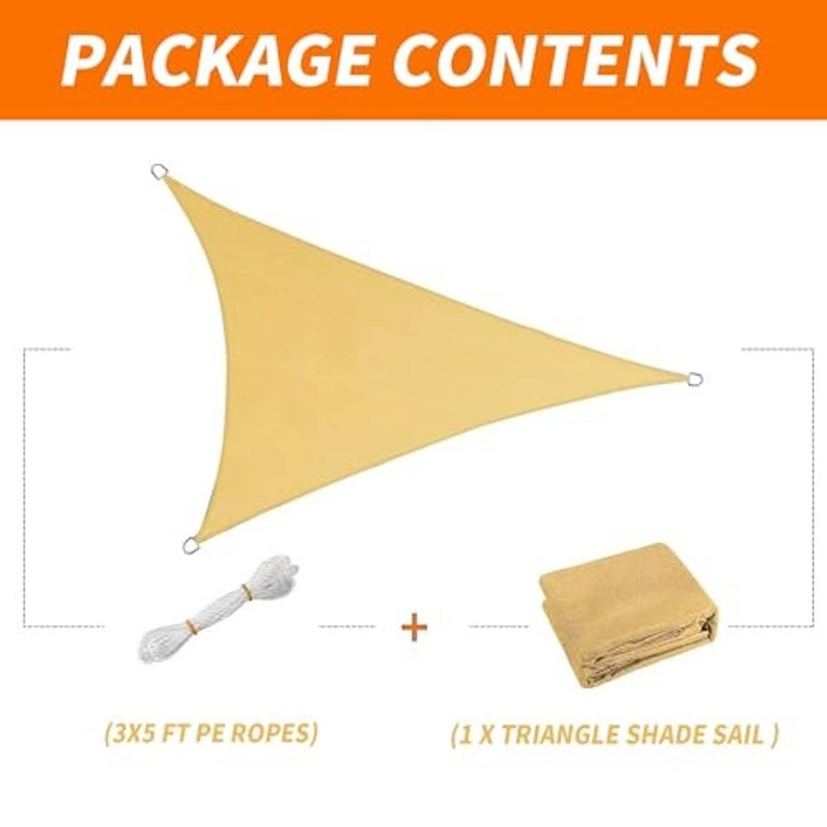 Triangle shade sail package contents with ropes and folded fabric
