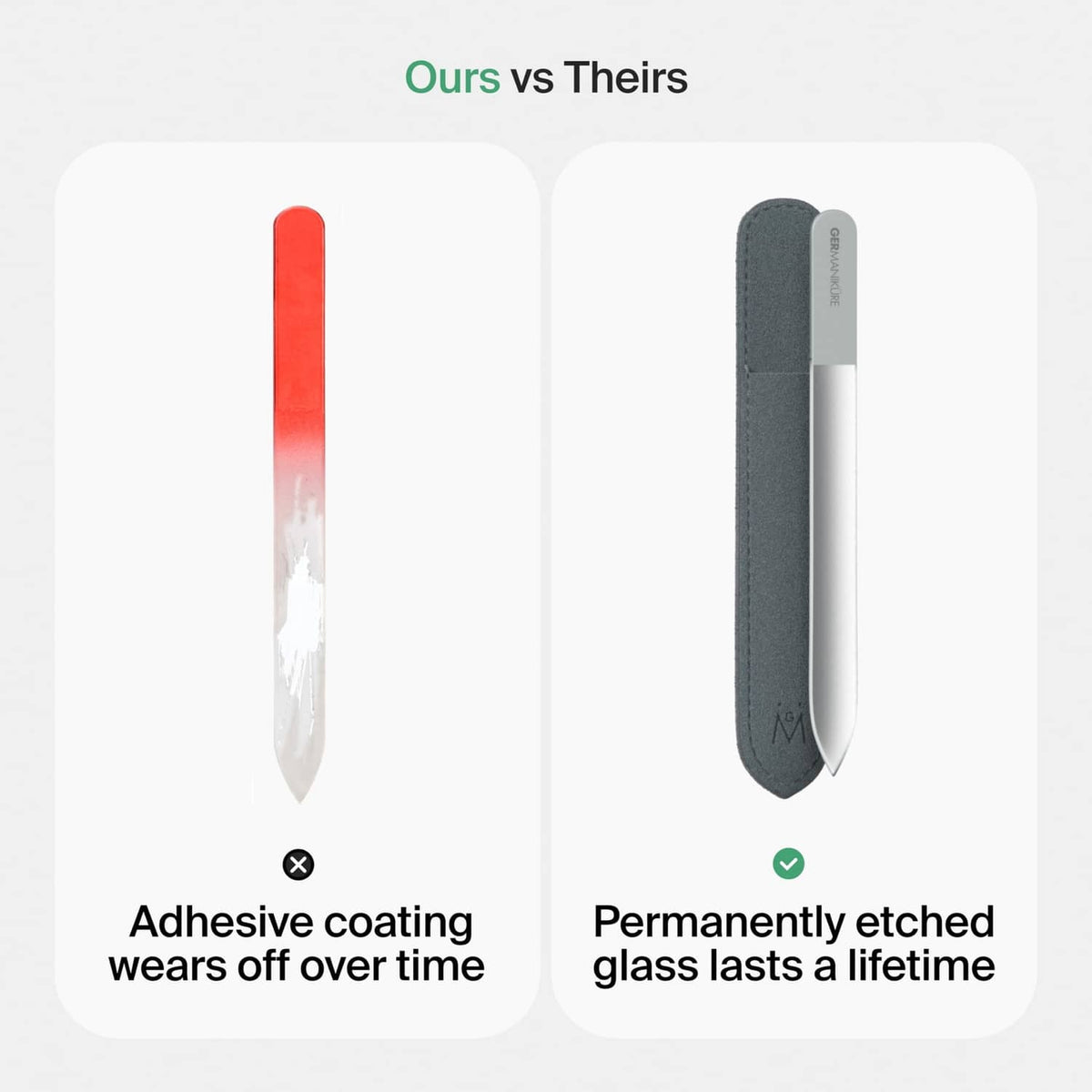 Gray glass nail file with suede sleeve shown in side-by-side comparison