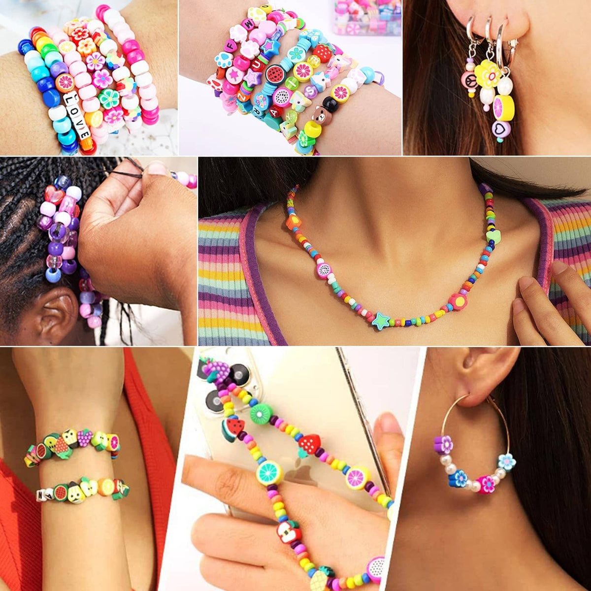 Multi-layer polymer clay bead bracelets and necklace charms with animal and fruit shapes