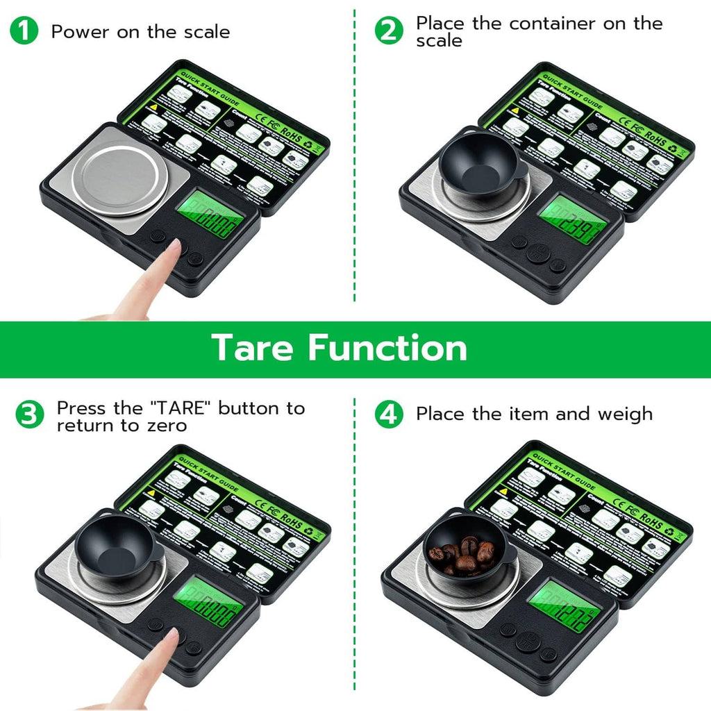 Mini digital scale with green LCD readout and round platform for tare function