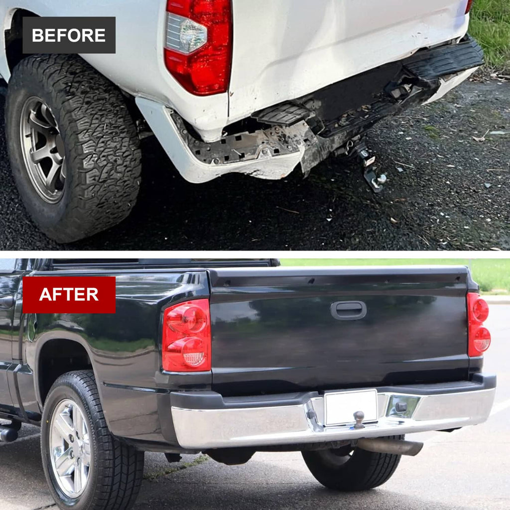 Pickup rear after installation with chrome step bumper and black trim across top
