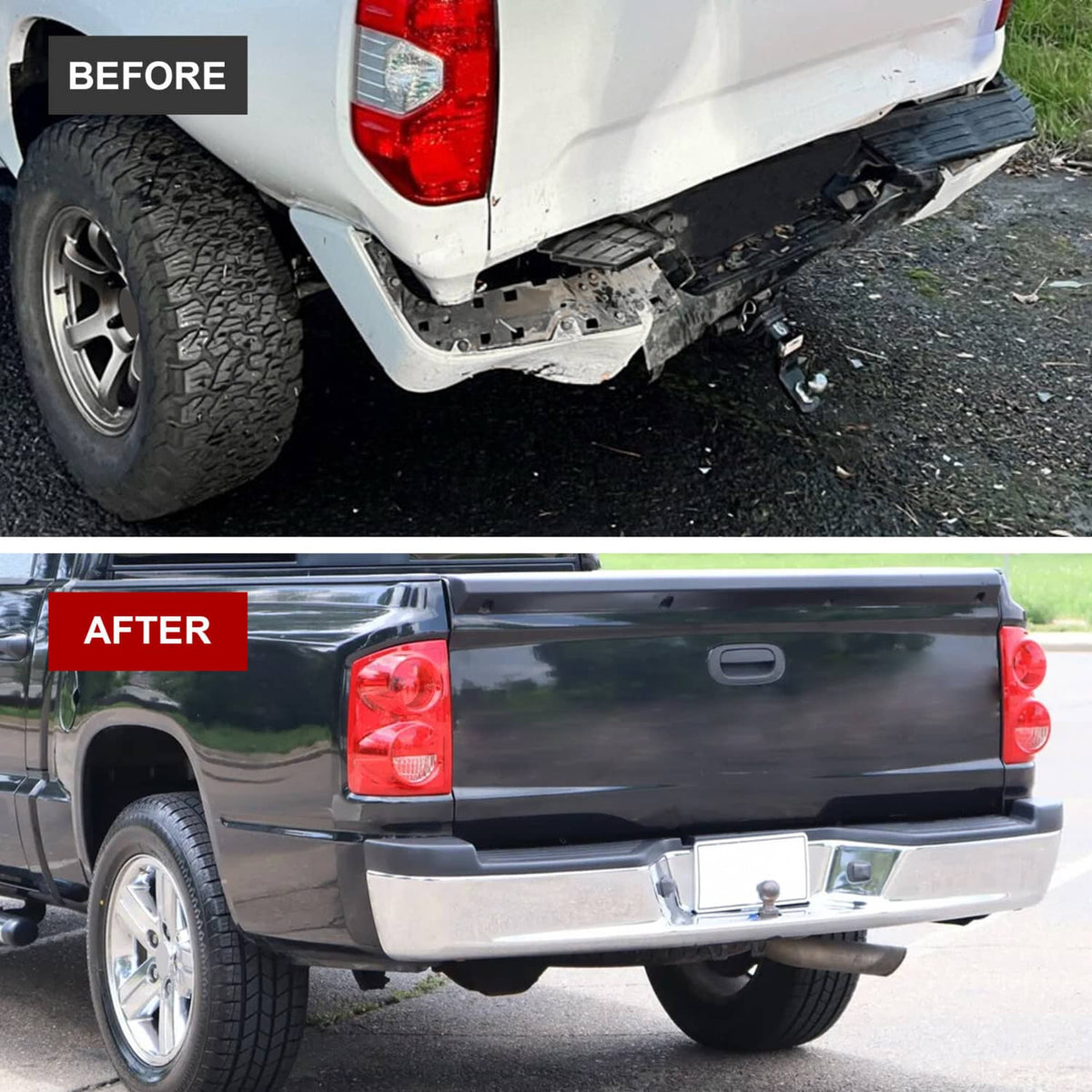 Pickup rear after installation with chrome step bumper and black trim across top