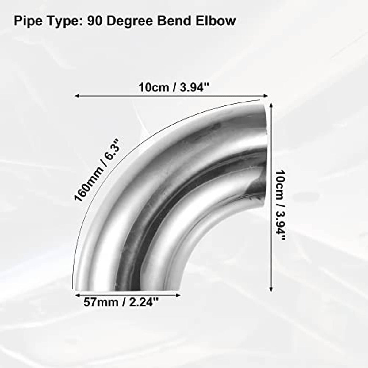 90-degree bend elbow pipe with visible size measurements for length and diameter