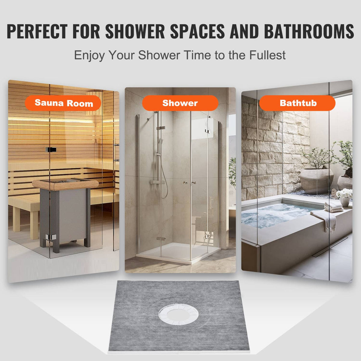 Gray shower curb tray kit with central drain opening for shower and bath areas