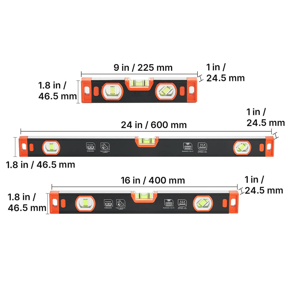 Three black and orange torpedo levels shown with measurement guides