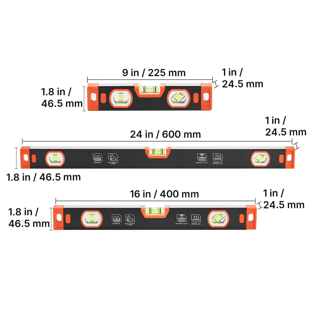 Three black and orange torpedo levels shown with measurement guides