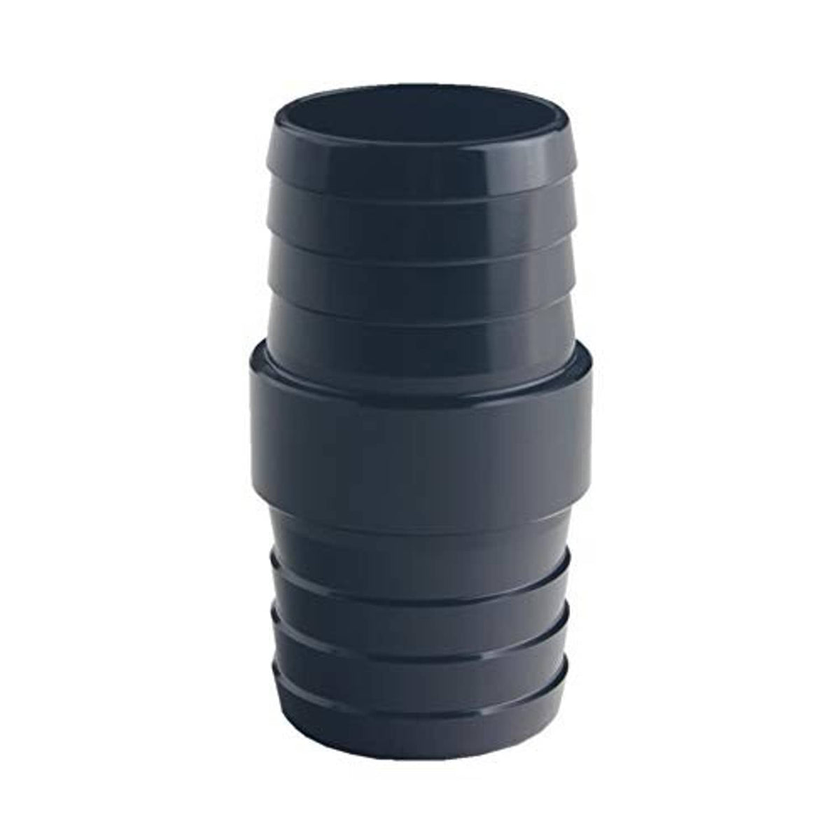 Black stepped hose adapter with open end and ribbed surface