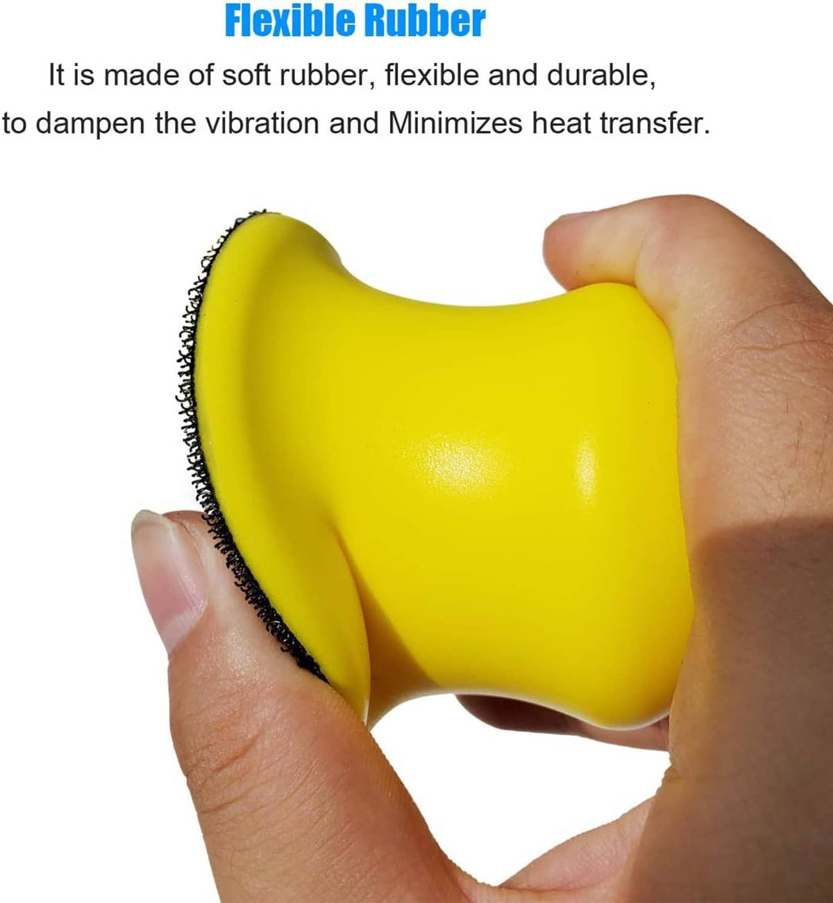 Yellow flexible rubber sanding block held in hand with black abrasive hook pad