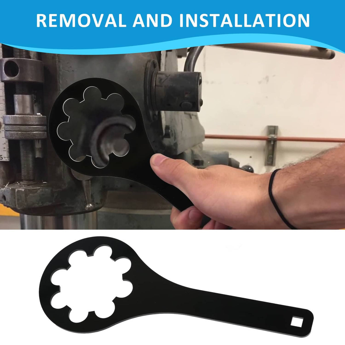 Black nut wrench held near engine part, star-flower opening visible