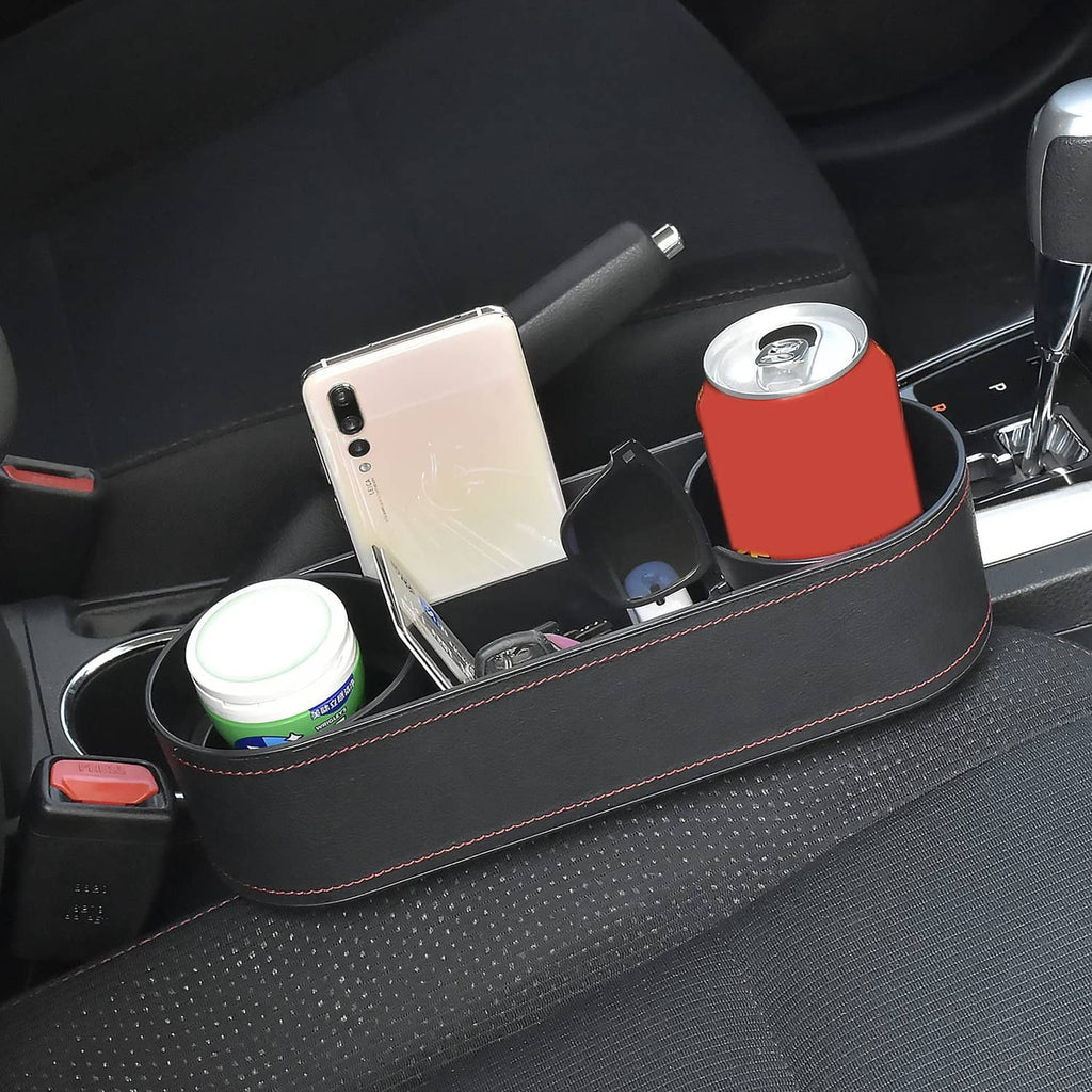 Black car seat side storage tray with two cup inserts and red-stitched trim