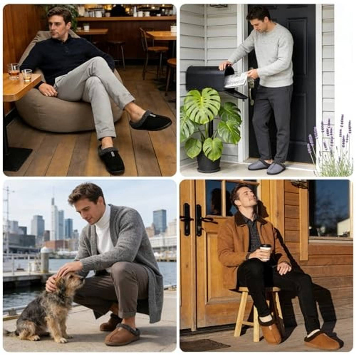 Men wearing brown suede slippers with dark plush trim indoors and outdoors