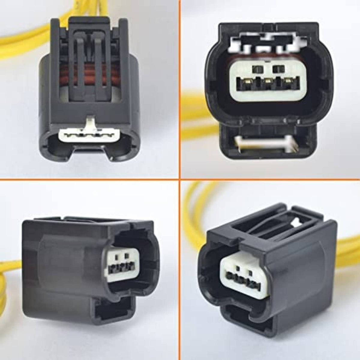 Battery charging sensor connector pigtail shown from four angles, black multi-pin plug